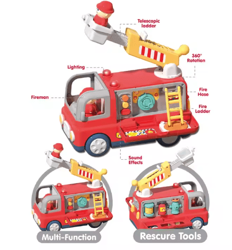 Early Education Fire Truck Toy Multifunctional Learning Busy Activities Cartoon Toy Car with Music Light